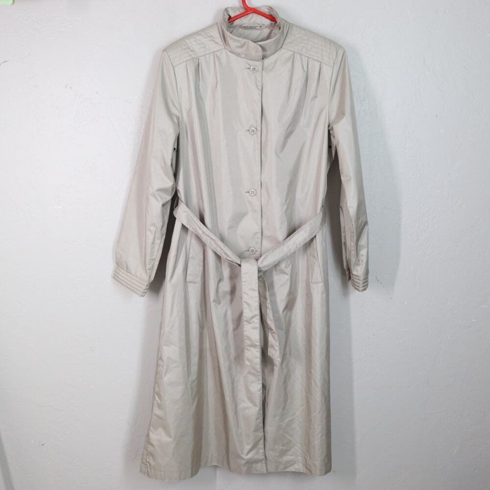 Vtg British Mist Trench Rain Coat 10 Champagne Oyster Nylon Belted Lined Pockets